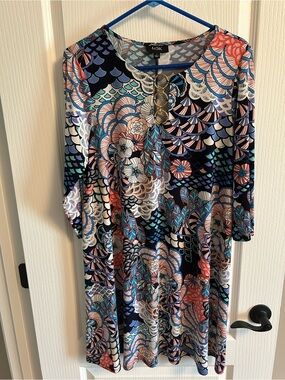 MSK Navy Multicolor Floral Scallop-Print Long Sleeve Dress
